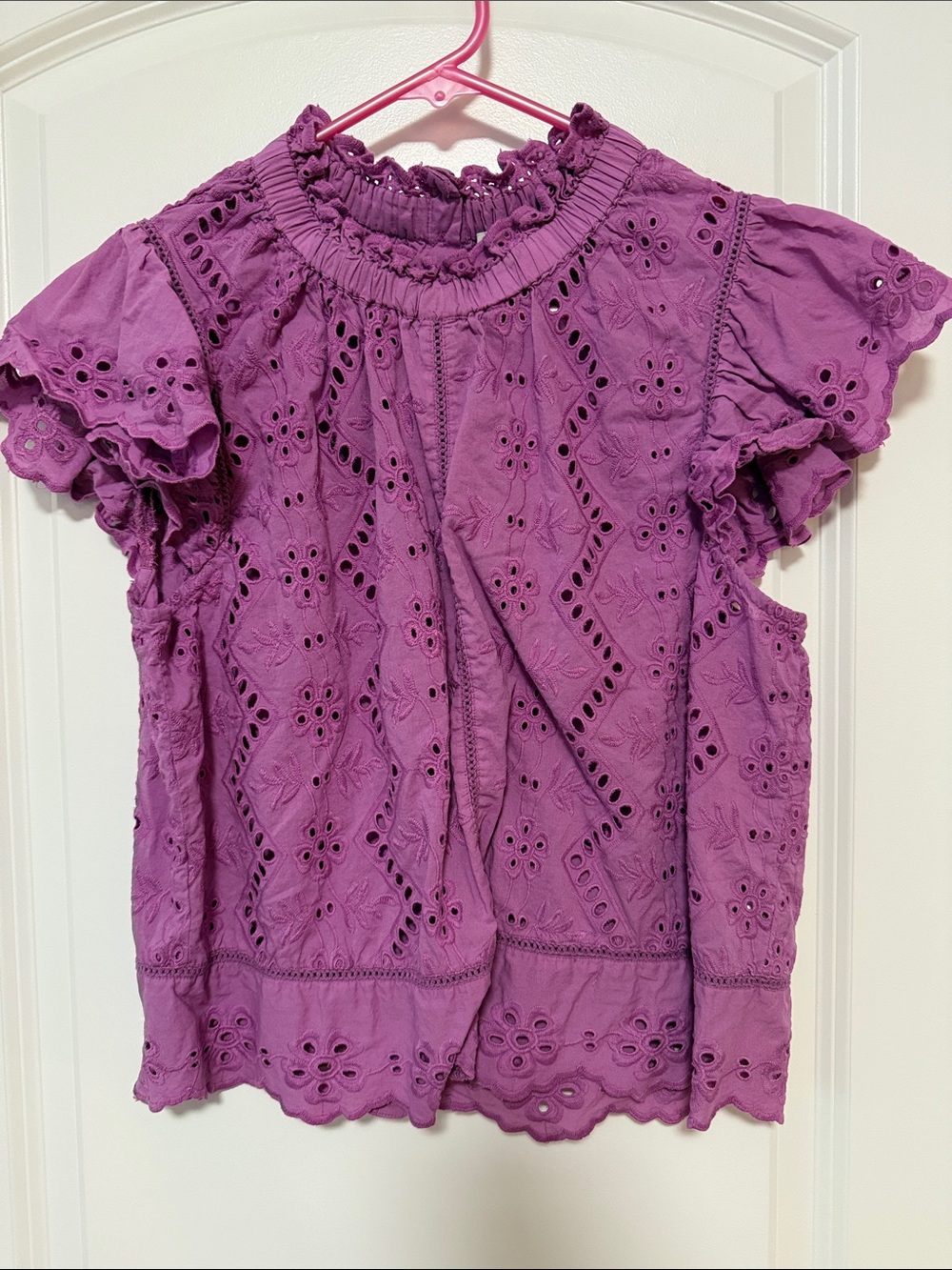 Women's Purple Eyelet Ruffle Neck Blouse